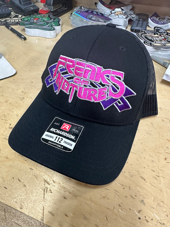 NOVEMBER HAT OF THE MONTH BLACK CURVED BILL TRUCKER  HAT WITH PURPLE TRIBALS WITH PINK FON AND SILVER OUTLINE