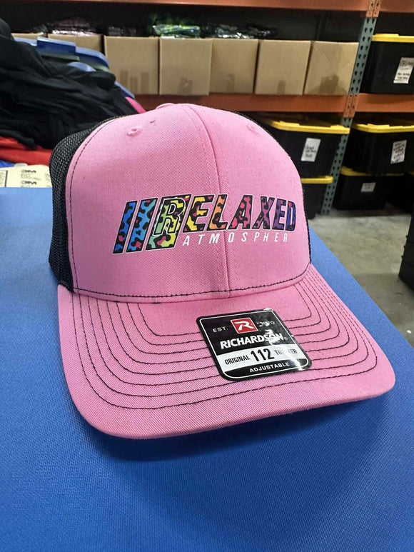 RA Trucker hat snap back curved bill Rainbow Leopard print awesomeness hot pink with black