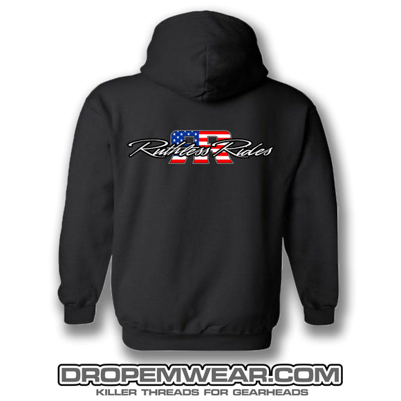 SCREEN PRINTED RUTHLESS RIDES AMERICAN FLAG LOGO HOODIE