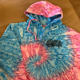 PINK AND BLUE TYE-DYE ZIPPER HOODIE WITH SCREEN PRINTED TATTOO SCRIPT ON FRONT