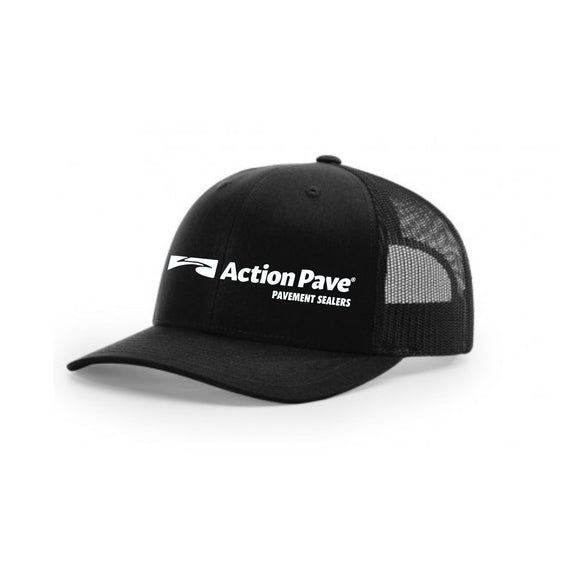 ACTION PAVE BLACK/BLACK  TRUCKER SNAP BACK (CURVED BILL) WHITE LOGO