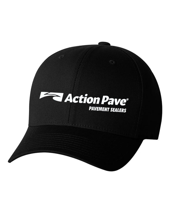 ACTION PAVE BLACK CURVED BILL FLEX FIT HAT WITH WHITE STITCH