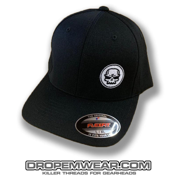 Drop Em Ware BLACK CURVED BILL FLEX FIT HAT WITH WHITE SKULL LOGO – Drop Em wear ...