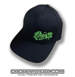 BLACK CURVED BILL FLEX FIT HAT WITH LIME TATTOO SCRIPT LEFT PANEL