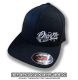 BLACK CURVED BILL FLEX FIT HAT WITH WHITE TATTOO SCRIPT LEFT PANEL
