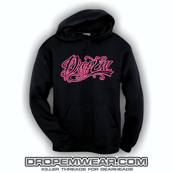 EMBROIDERED HOODIE WITH HOT PINK EMBROIDERED TATTOO SCRIPT