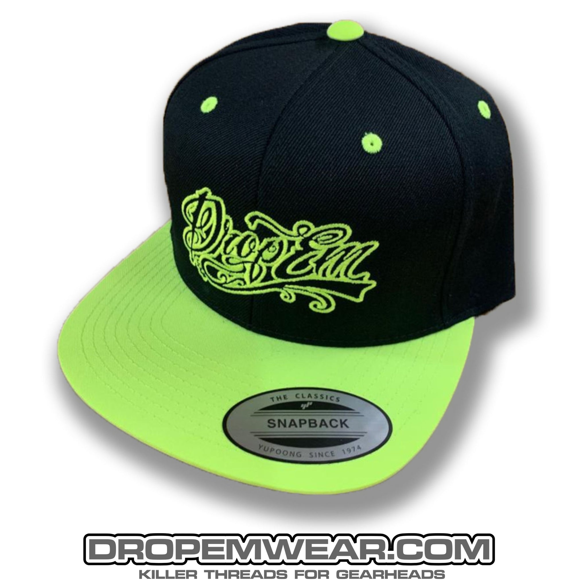 BLACK FLAT BILL SNAP BACK WITH NEON YELLOW BILL AND NEON YELLOW TATTOO –  Drop Em wear clothing