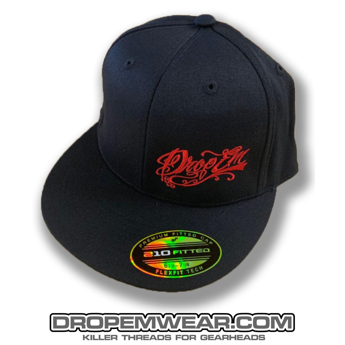 BLACK FLAT BILL FLEX FIT HAT WITH RED SCRIPT LOGO ON LEFT PANEL – Drop ...