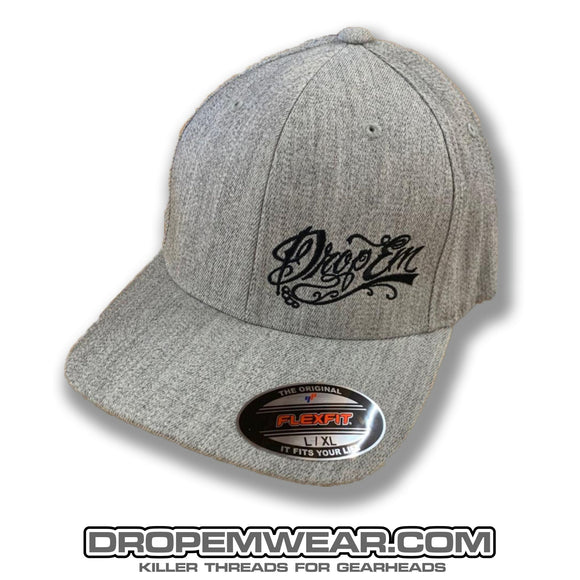 HEATHER GREY CURVED BILL FLEX FIT HAT WITH BLACK SCRIPT LOGO