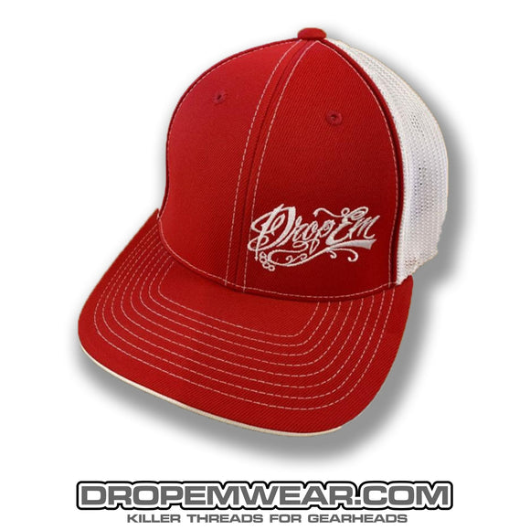 PACIFIC HEADWEAR CURVED BILL FITTED TRUCKER HAT RED/WHITE WITH TATTOO SCRIPT LOGO ON LEFT PANEL