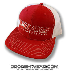 RELAXED FULL LOGO RED WHITE SNAP BACK TRUCKER WITH RED FILL AND WHITE OUTLINE
