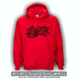 RED EMBROIDERED HOODIE WITH BLACK TATTOO SCRIPT