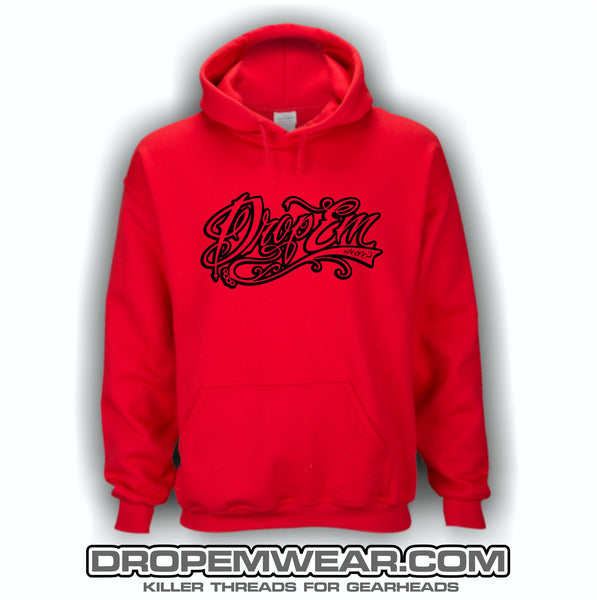 RED EMBROIDERED HOODIE WITH BLACK TATTOO SCRIPT – Drop Em wear