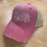 SNAP BACK DISTRESSED TRUCKER HAT PINK/KHAKI WITH TATTOO SCRIPT LOGO ON FRONT