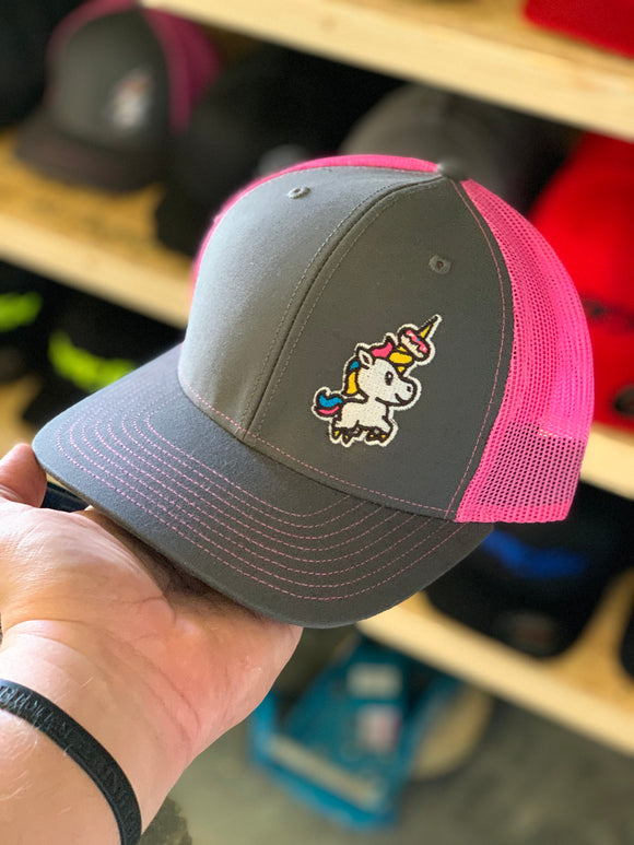 SNAP BACK TRUCKER HAT WITH SPRINKLES THE UNICORN ON LEFT PANEL
