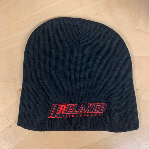 RELAXED FULL LOGO BLACK NO BRIM BEANIE WITH RED OUTLINE AND BLACK FILL