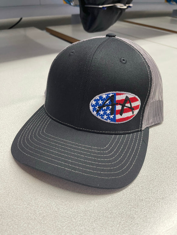 ACROPHOBIA BLACK/GREY SNAP BACK HAT WITH AMERICAN FLAG AA OVAL LOGO