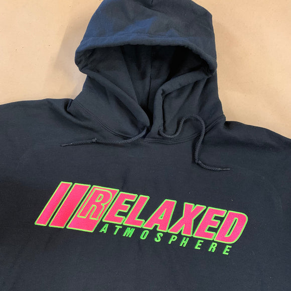 BLACK RELAXED EMBROIDERED HOODIE WITH LOGO ON FRONT PINK FILL LIME OUTLINE