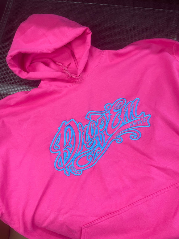PINK EMBROIDERED HOODIE WITH BLUE TATTOO SCRIPT LOGO