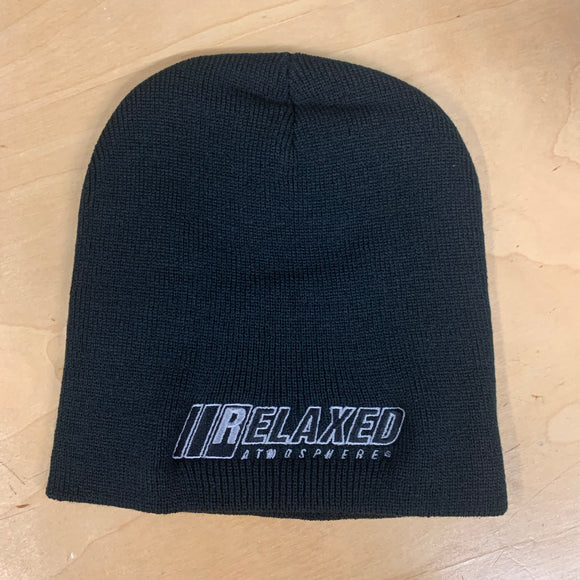 RELAXED FULL LOGO BLACK NO BRIM BEANIE WITH SILVER OUTLINE AND BLACK FILL