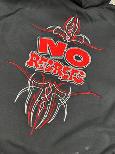 NO REGRETS RED/SILVER BUBBLE LETTER HOODIE WITH PINSTRIPES