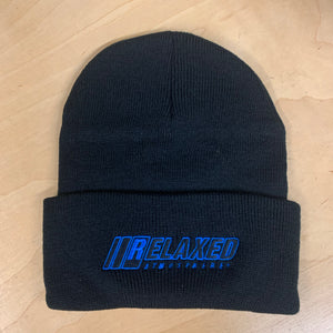 RELAXED FULL LOGO BLACK BRIMMED BEANIE WITH BLUE OUTLINE AND BLACK FILL