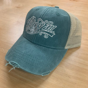 SNAP BACK DISTRESSED TRUCKER HAT TEAL/KHAKI WITH TATTOO SCRIPT LOGO ON FRONT