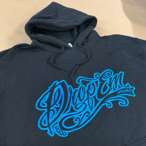 BLACK EMBROIDERED HOODIE WITH NEON BLUE TATTOO SCRIPT LOGO