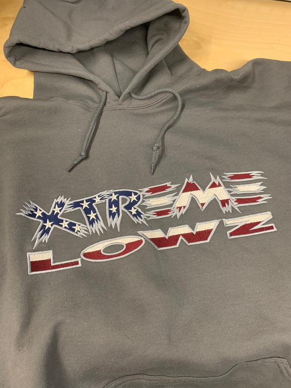 GREY XTREME LOWZ EMBROIDERED AMERICAN FLAG LOGO HOODIE
