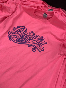 NEON PINK SHIRT WITH NAVY TATTOO SCRIPT FRONT PRINT