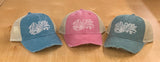 SNAP BACK DISTRESSED TRUCKER HAT BLUE/KHAKI WITH TATTOO SCRIPT LOGO ON FRONT