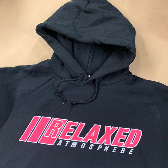 BLACK RELAXED EMBROIDERED HOODIE WITH LOGO ON FRONT PINK FILL AND SILVER OUTLINE