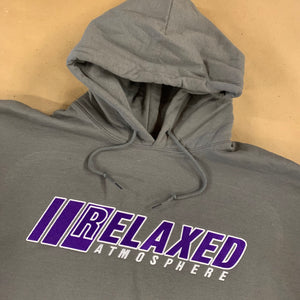 CHARCOAL RELAXED EMBROIDERED HOODIE WITH LOGO ON FRONT PURPLE FILL WHITE OUTLINE