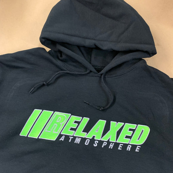 BLACK RELAXED EMBROIDERED HOODIE WITH LOGO ON FRONT LIME FILL AND SILVER OUTLINE
