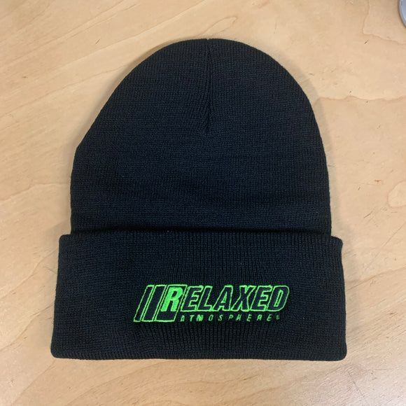 RELAXED FULL LOGO BLACK BRIMMED BEANIE WITH LIME OUTLINE AND BLACK FILL