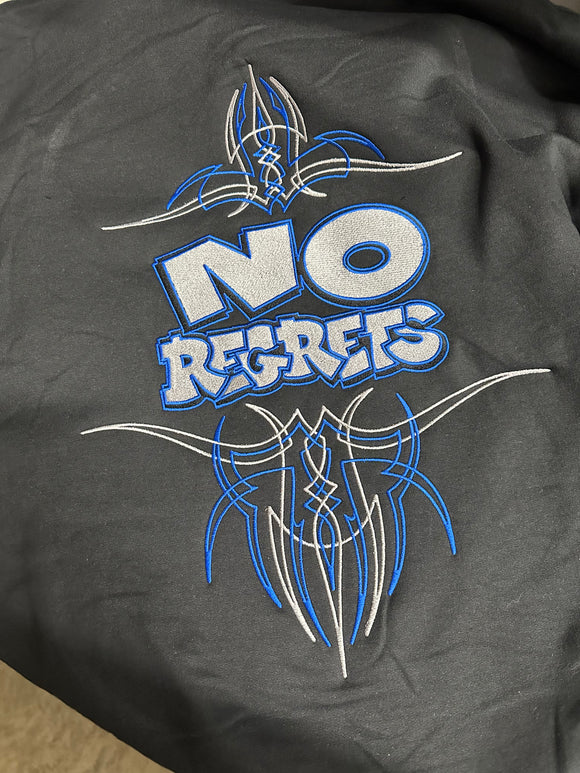 NO REGRETS SILVER/BLUE BUBBLE LETTER HOODIE WITH PINSTRIPES