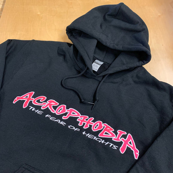 BLACK EMBROIDERED ACRO HOODIE PINK FILL WITH WHITE OUTLINE