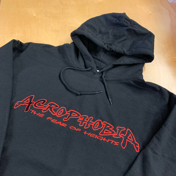 BLACK EMBROIDERED ACRO HOODIE BLACK FILL WITH RED OUTLINE
