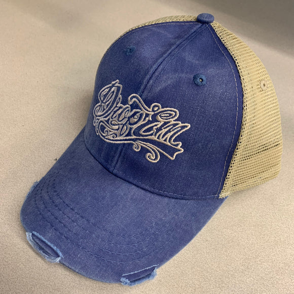 RESSED TRUCKER HAT ROYAL/KHAKI WITH TATTOO SCRIPT LOGO ON FRONT