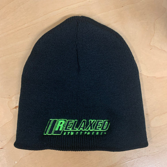 RELAXED FULL LOGO BLACK NO BRIM BEANIE WITH LIME OUTLINE AND BLACK FILL