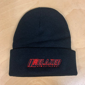 RELAXED FULL LOGO BLACK BRIMMED BEANIE WITH RED OUTLINE AND BLACK FILL