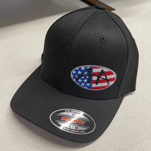 ACROPHOBIA CURVED BILL HAT WITH AMERICAN FLAG AA OVAL LOGO ON BLACK HAT