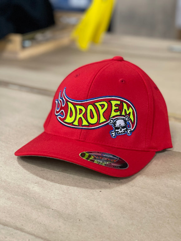 RED CURVED BILL FLEX FIT HAT WITH WARM WHEELS LOGO