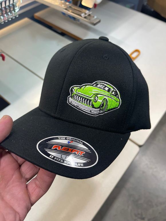 BLACK CURVED BILL FLEX FIT HAT WITH LIME GREEN MERC