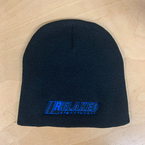 RELAXED FULL LOGO BLACK NO BRIM BEANIE WITH BLUE OUTLINE AND BLACK FILL