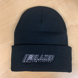 RELAXED FULL LOGO BLACK BRIMMED BEANIE WITH SILVER OUTLINE AND BLACK FILL