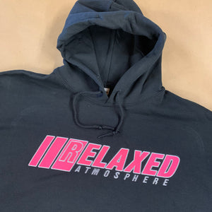 BLACK RELAXED EMBROIDERED HOODIE WITH LOGO ON FRONT PINK FILL WHITE OUTLINE
