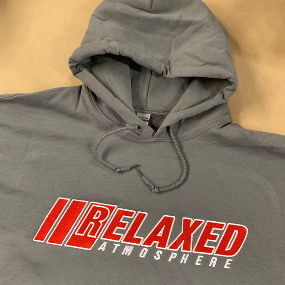 CHARCOAL RELAXED EMBROIDERED HOODIE WITH LOGO ON FRONT RED FILL WHITE OUTLINE