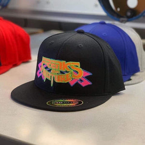 FREAKS OF NATURE FULL LOGO WITH NEON COLORS ON BLACK FLAT BILL HAT (PINK TRIBAL FILL/BLUE OUTLINE AND ORANGE FILL ON TEXT WITH LIME OUTLINE)