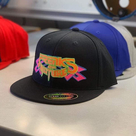 FREAKS OF NATURE FULL LOGO WITH NEON COLORS ON BLACK FLAT BILL HAT (PINK TRIBAL FILL/BLUE OUTLINE AND ORANGE FILL ON TEXT WITH LIME OUTLINE)